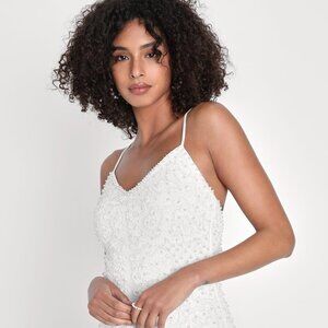 Luxe Sensation White Sequin Pearl Lace-Up Mini Bodycon Dress